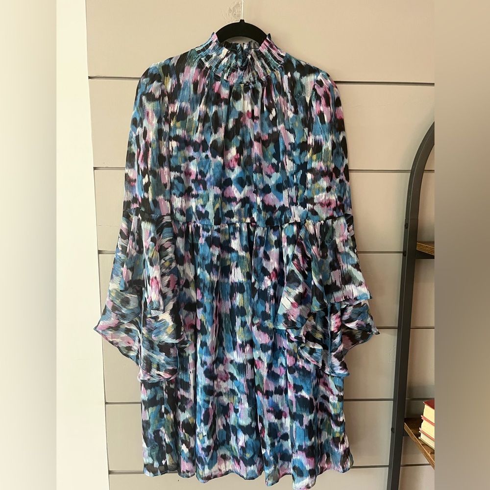Donna Morgan Abstract Print Mock Neck Flutter Sleeve Smocked Waist Dress